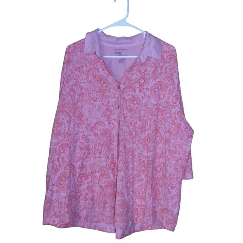 Women's Just My Size Shirt 3X Pink Paisley Plus Size Collar 3/4 Sleeve JMS